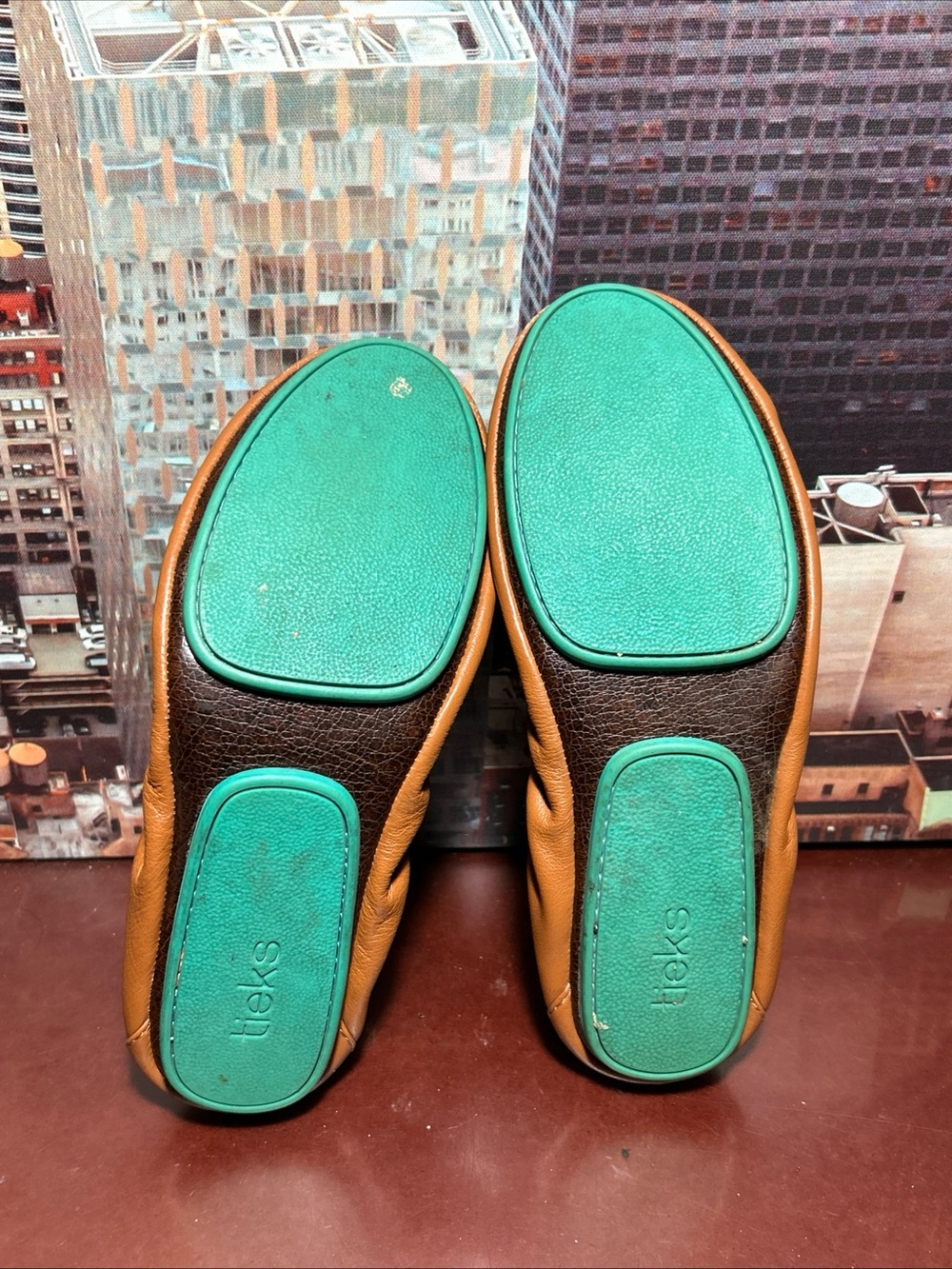 Tieks Brown Leather Ballet Flats with Teal Stitching - Picture 4 of 7